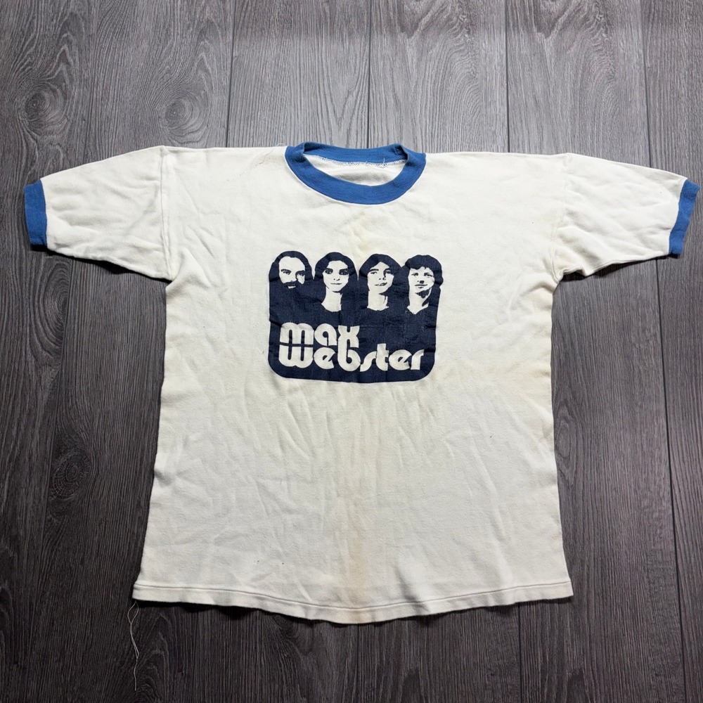 Vintage 1970s Max Webster Band Ringer Rare Shirt Small White Blue Rock Tour Tee